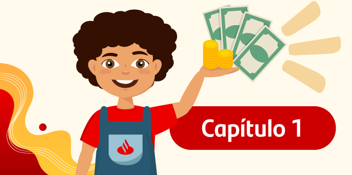 Niño animado Prosperito con dinero en la mano