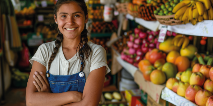 mujer con su negocio de frutas